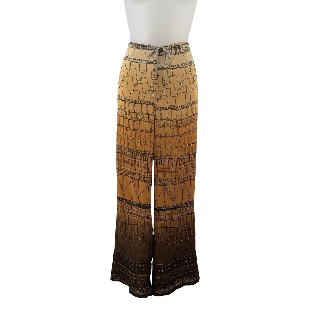 Luisa Spagnoli Pants Womens Small Brown Silk Wide Leg Sequin Boho Drawstring